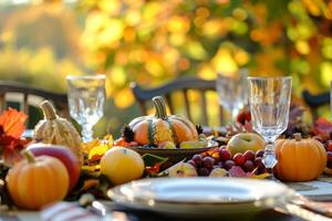 Autumn harvest dinner table setting photo
