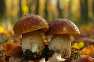 Autumn wild mushrooms in natural forest setting photo