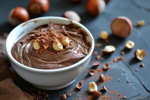 Decadent chocolate hazelnut spread with nuts photo