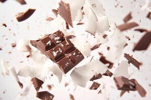 Exploding chocolate bar with flying pieces photo