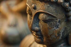 Macro shot of a tranquil buddha sculpture with intricate textures photo