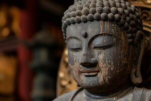 Detailed close-up of a serene buddha statue with a blurred background photo