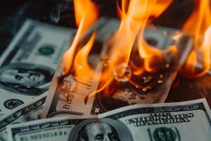 Cash on fire - conceptual image of money burning photo