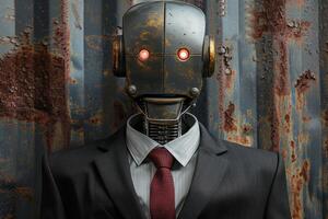 Futuristic robot in business attire against rusty background photo