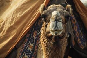 Close-up of a camel in front of a tent photo