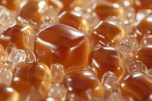 Macro shot of shiny caramel candies with a focus on texture photo
