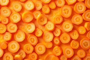 Vibrant array of freshly sliced carrot rounds forming a dense, textured background photo