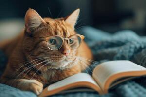 Scholarly cat with glasses reading a book photo