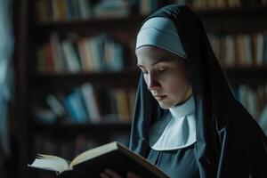Serene nun reading in library photo