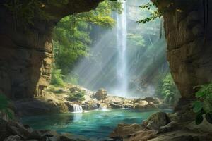 Serene waterfall cascades into a tranquil blue pool in a sunlightdappled forest photo