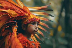 Dreamy child in vibrant feather costume photo