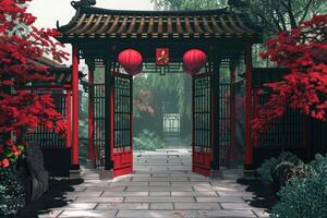 Traditional chinese garden gateway with red lanterns photo