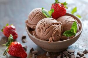 Chocolate ice cream with fresh strawberries photo