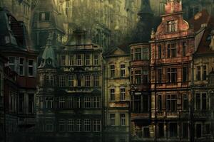 Atmospheric view of old european buildings in a foggy, urban setting photo