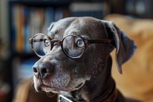 Closeup of a grey dog with a thoughtful expression, sporting round eyeglasses photo