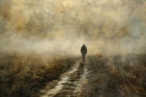 Solitary figure walking on a misty path photo