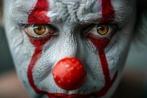 Macro shot capturing the compelling gaze of a person with clown makeup and a red nose photo