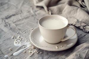 Spilled milk in white cup on linen background photo