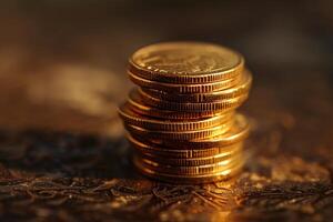 Golden coins stacked on textured surface photo