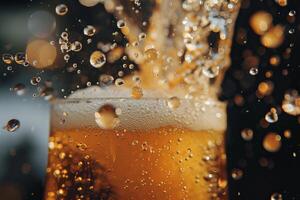 Refreshing beer pour with bubbles and splashes photo