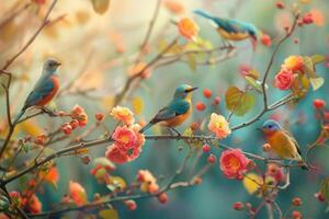 Majestic birds perched on blossoming branches photo