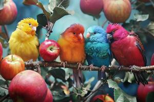 Colorful birds perched on apple tree branch photo