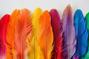 Vibrant multicolored feather array on white background photo