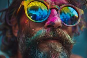 Closeup of a man's face with vibrant holi powder and funky sunglasses photo