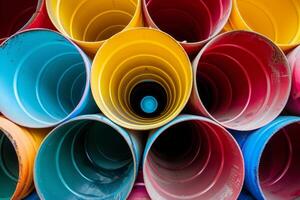 Top view of a vibrant array of multicolored pipes arranged in a circular pattern photo
