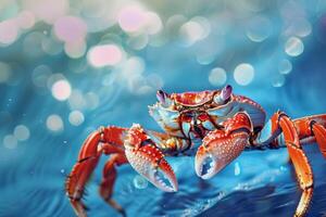Colorful crab on a blue bokeh background photo