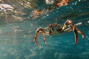 Underwater crab swimming near the ocean surface photo