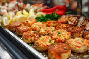 Gourmet crab cakes on display photo