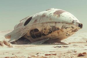Abandoned spaceship on desert planet surface photo