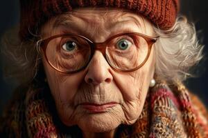 Expressive senior woman with oversized glasses photo