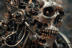 Detailed image of a steampunkstyle mechanical skull with intricate gears and cogs photo