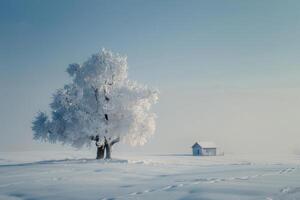 Winter wonderland, lone tree and cabin in snowy landscape photo