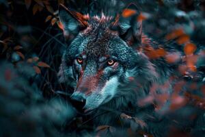 Intense gaze of a wild wolf in the forest photo