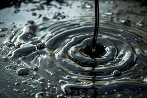 Closeup of a dark fluid creating a ripple and droplets on a glossy surface photo