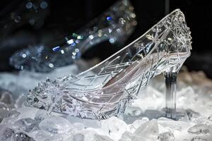 Elegant glass slipper with intricate details displayed on a bed of ice, evoking fairy tale luxury photo