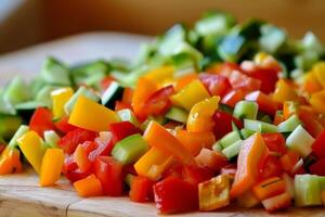 Fresh chopped vegetables on cutting board photo