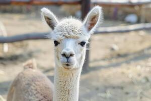 Closeup of a cute alpaca with a curious expression on a farm photo