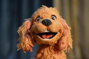 Closeup of a joyful dog puppet with a beaming smile and detailed fur texture photo