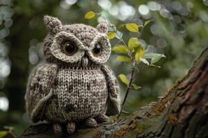 Handmade knitted owl toy on a tree branch photo