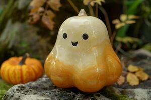 Happy ghost pumpkin decoration in autumn setting photo