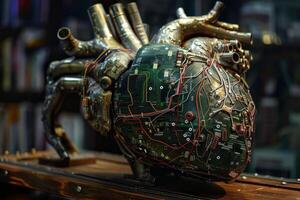 Conceptual image of a cybernetic heart with electronic circuits and metallic pipes photo