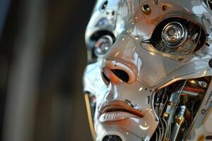 Detailed view of a humanoid robot's head with intricate mechanics photo