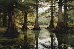 Serene landscape of a tranquil swamp with reflective water and towering trees photo