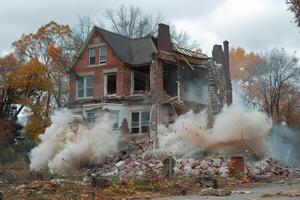 Old house collapsing amidst a cloud of dust with autumn foliage in the background photo