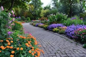 Serene garden path surrounded by colorful blooms photo