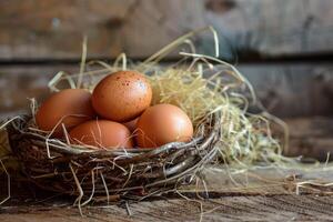 Rustic chicken eggs in a straw nest photo